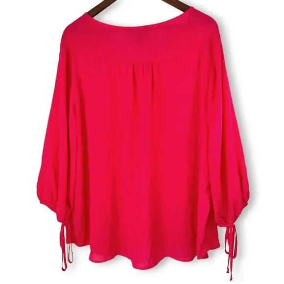 Ashley Stewart Hot Pink Flowy Button Down Bowtie Bishop Sleeves Blouse Sz 18/20W - Picture 4 of 10